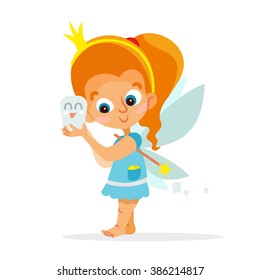 Cute cartoon tooth fairy holding tooth. Vector illustration isolated on white background