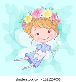 Cute cartoon tooth fairy with magic wand and tooth. Hand drawing