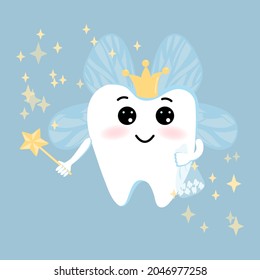Cute cartoon tooth fairy with a magic wand on a blue background. Blue, yellow, white color. Tooth fairy for concept design.