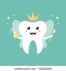 Cute cartoon tooth fairy with toothpaste and brush vector flat design illustration.