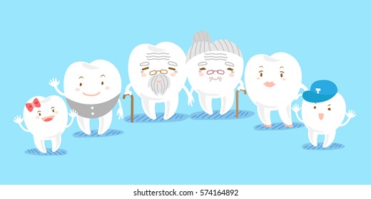 cute cartoon tooth family with blue background