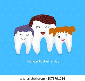 Cute cartoon tooth family. Happy Father Day, dental care concept. illustration on blue background