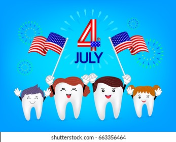 Cute cartoon tooth family waving american flag. Happy USA Independence Day 4 th of July. Illustration isolated on blue background