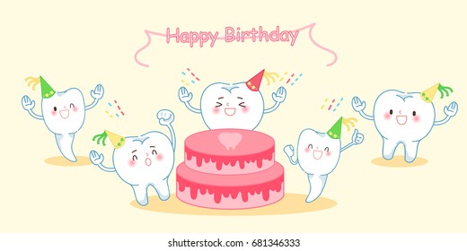 cute cartoon tooth feel happily with happy birthday 