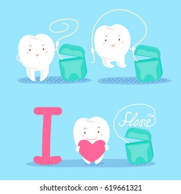 Cute Cartoon Tooth With Floss On Blue Background