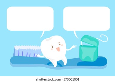 cute cartoon tooth and floss sit on brush with speech bubble