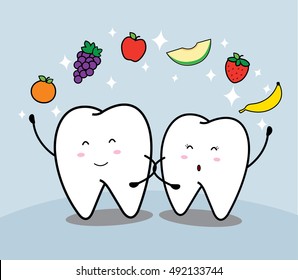 bonito desenho animado dente e fruta