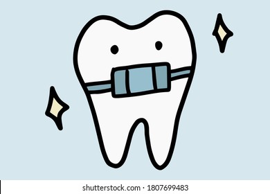Cute cartoon tooth. Hand drawn line art doodle vector illustration isolated on white background.. Concept of care for the oral cavity, dentistry. Orthodontic treatment. Braces on teeth.
