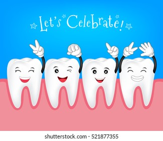 Cute cartoon tooth with hand sign. Let's Celebrate, Happy New Year concept. Illustration.