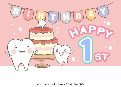 cute cartoon tooth with happy birthday on the white background