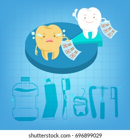 cute cartoon tooth with health problem on blue background