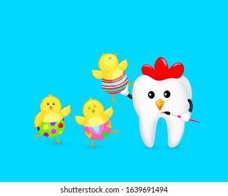 Cute cartoon tooth in hen character painting little chic by paintbrush. Happy Easter Day concept. Illustration isolated on blue background.