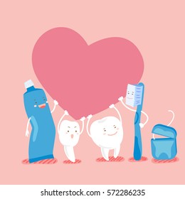 cute cartoon tooth hold heart with floos and toothpaste