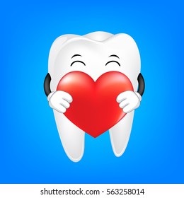 Cute cartoon tooth holding red heart. Dental care concept, illustration.