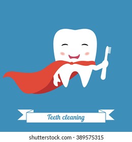 Cute cartoon tooth holding a toothbrush. Concept of healthy teeth.