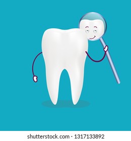 Cute Cartoon Tooth With Inspection Mirror Isolated On A Background. Vector Illustration. Healthcare Concept.