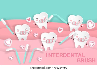 cute cartoon tooth with interdental brush on the green backgorund