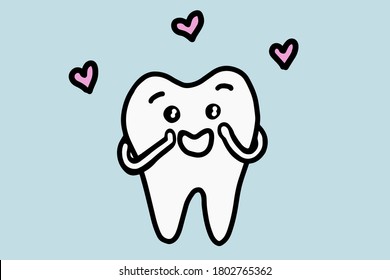 Cute cartoon tooth in love. Hand drawn line art doodle vector illustration isolated on white background.. Concept of care for the oral cavity, dentistry.