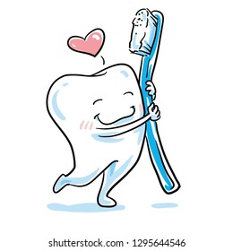 Cute cartoon tooth in love hugging ist toothbrush. Hand drawn cartoon sketch vector illustration, whiteboard marker style coloring. 