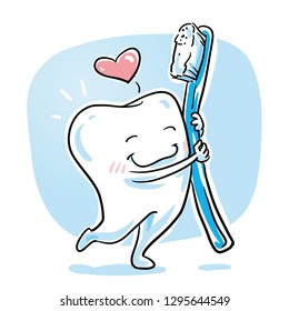 Cute cartoon tooth in love hugging ist toothbrush. Hand drawn cartoon sketch vector illustration, whiteboard marker style coloring. 