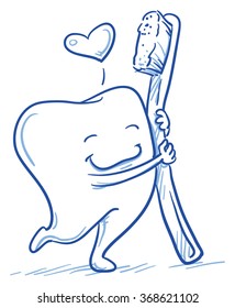 Cute cartoon tooth in love hugging his toothbrush. Hand drawn line art cartoon vector illustration.