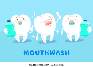 cute cartoon tooth with mouthwash on blue background