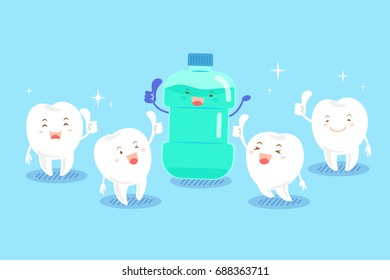 cute cartoon tooth with mouthwash on blue background