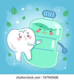 cute cartoon tooth with mouthwash on blue background