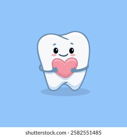 Cute cartoon tooth on a white background. Funny tooth with pink heart. Tooth in flat style. Vector illustration