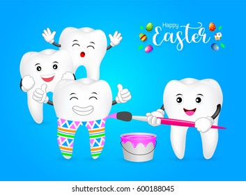 Cute cartoon tooth painting by paintbrush. Happy Easter Day concept. Illustration isolated on white background.