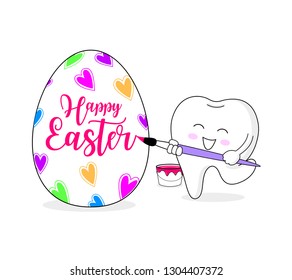 Cute cartoon tooth painting Easter eggs. Happy Easter day. Dental character design. Vector illustration isolated on white background.