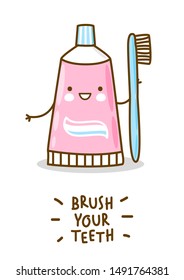 Cute cartoon tooth paste with brush isolated on white background for Your dental care design
