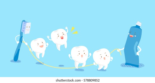 cute cartoon tooth play rope skipping happily with brush and paste