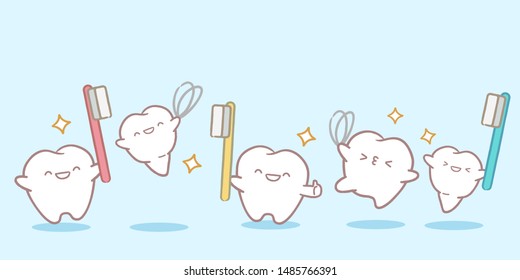 cute cartoon tooth playing tooth brush and dental floss