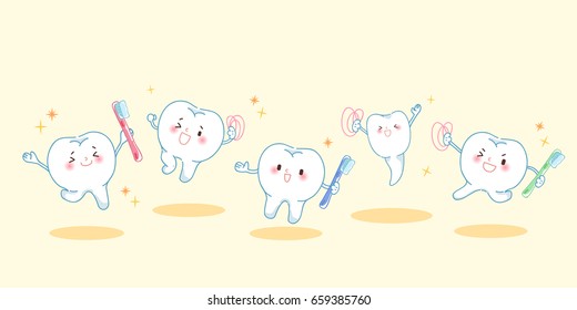 cute cartoon tooth playing tooth brush and dental floss