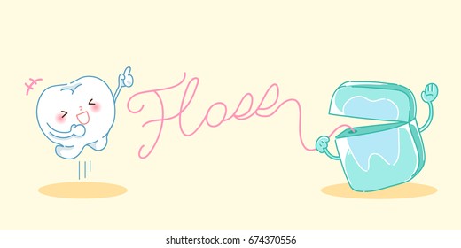 cute cartoon tooth playing with dental floss