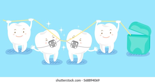 Cute Cartoon Tooth Playing With Floss Happily