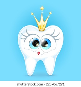 Cute cartoon tooth princess character with shiny crown, Oral dental hygiene and whitening concept. 