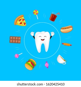 Cute cartoon tooth protected from sweet food. Dental care concept. Illustration isolated on blue background.