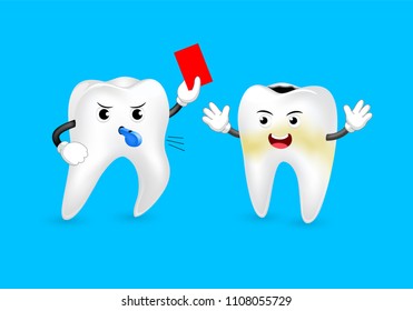 Cute cartoon tooth referee giving red card. Dental care concept. Sport character design. Illustration isolated on blue background.
