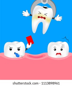 Cute cartoon tooth referee giving red card. Tooth dental extraction, removal of tooth. Dental care concept. Illustration isolated on blue background. 