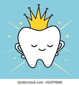 cute cartoon tooth with royal crown concept funny vector illustration