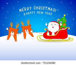 Cute cartoon tooth Santa Claus with reindeer and sleigh. Merry Christmas and happy new year. Illustration on blue background.