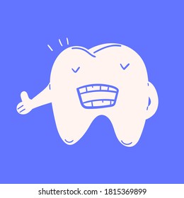 un lindo diente de dibujos animados muestra los dientes y los pulgares hacia arriba en la ilustración del vector.