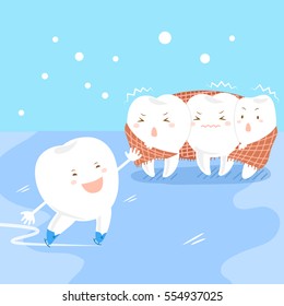 cute cartoon tooth is skating and other feel cold