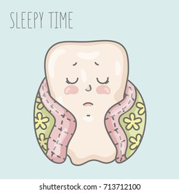 Cute cartoon tooth is sleeping under a blanket. Vector illustration