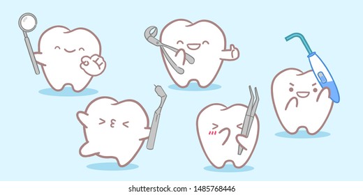 cute cartoon tooth smile happily with tool 