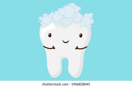 cute cartoon tooth smile happily in foam from toothpaste on blue background