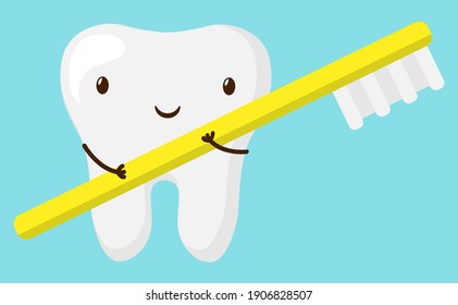 cute cartoon tooth smile happily with toothbrush on blue background