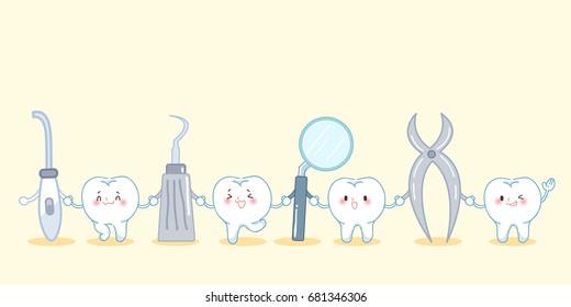 cute cartoon tooth smile happily with tool